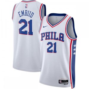 Joel Embiid Philadelphia 76ers Nike Unisex 2022/23 Swingman Jersey Association Edition White Dashing High - demand item! Order this sought - after jersey immediately.