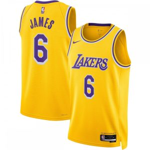 LeBron James Striking Los Angeles Lakers Nike Unisex 2022/23 Swingman Jersey Icon Edition Gold High - demand item! Order this sought - after jersey immediately.
