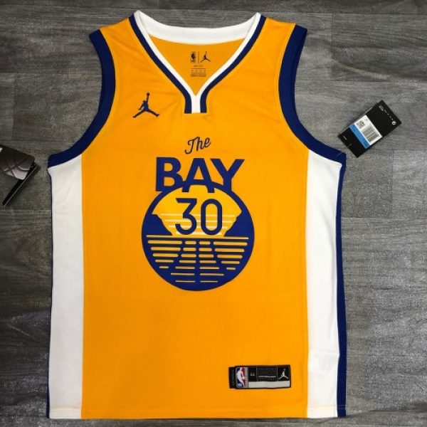 Men's Golden Stunning State Warriors Stephen Curry #30 Jordan Gold 2020/21 Swingman Jersey Statement Edition - Image 2